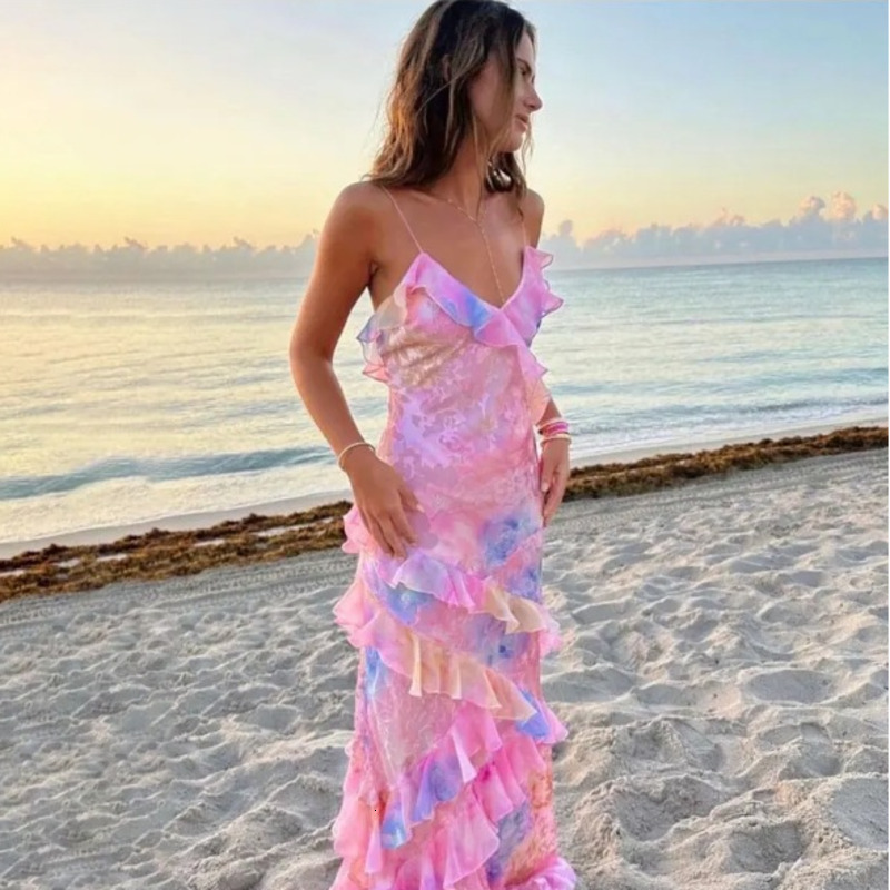 Robes douces pour femme en mousseline de soie à volants fronde Maxi Robe à plusieurs niveaux femmes sans manches col en V jupe longue Robe de vac