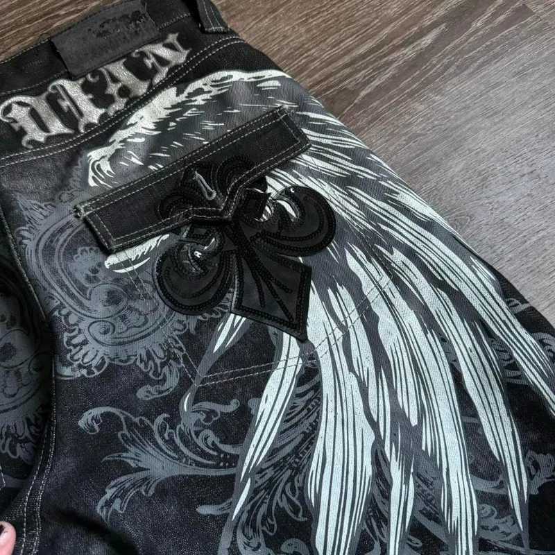 American retro trend new fashion oversized printed casual denim for men Y2K Gothic hip hop popular clown shorts W250417 58