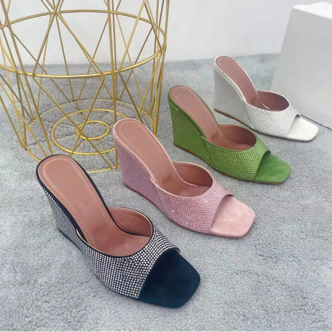Designer Shoes fashion Women Lupita Crystal Wedge Black Satin Crystals Alexa Brigitte Slipper Nappa Chunky Heel sandal Size 35-41