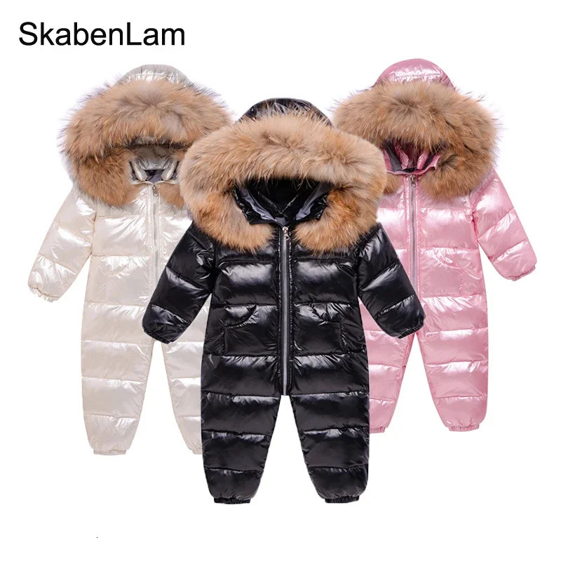 Winter Kids Jumpsuit Overalls for Boy Children Thick Ski Suit Girl Duck Down Jacket Toddler Baby Snowsuit Natural Fur Coat 1-3y 251112BJ