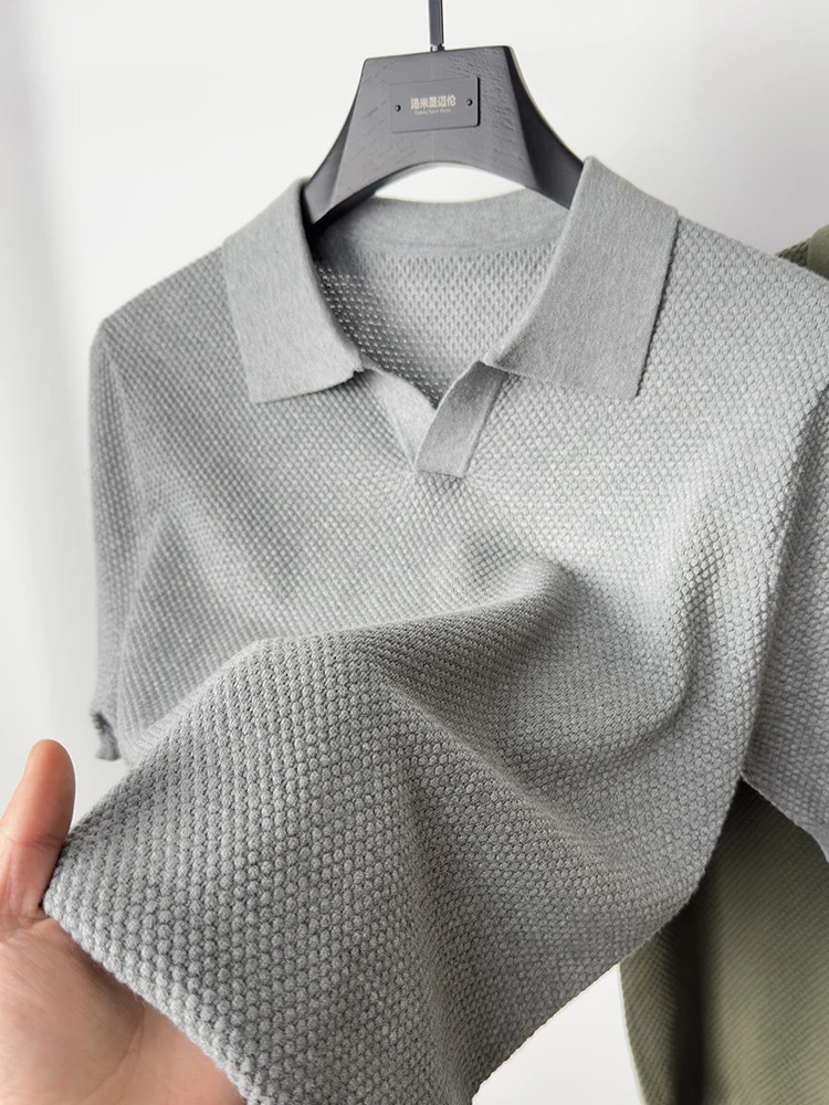 100% pure cotton high-quality knitted short sleeved T-shirt mens solid color polo shirt seagull collar summer casual top 250417