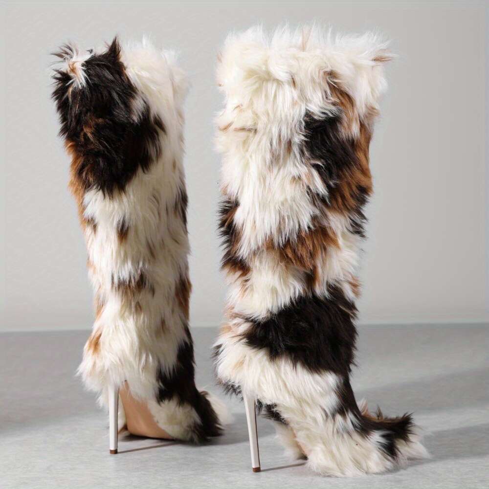 Women Faux Fur Knee High With Kitten Heel Furry Fluffy Pointed Toe Winter Comfy Plush Warm Boots