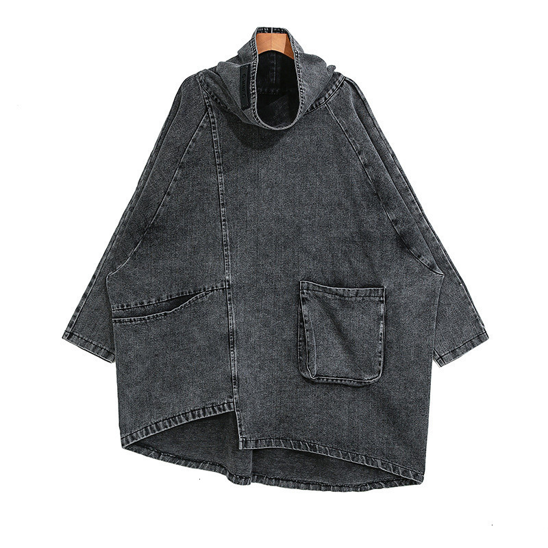 Veste en jean pour femmes et hommes, pull irrégulier, coupe ample, grande taille, col montant, manches longues, mi-longue, gris foncé, tendance