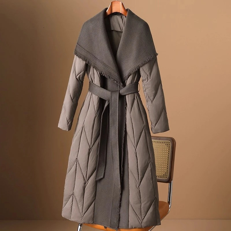 White Duck Down Coat Wool Patchwork Down Jacket for Women Autumn Winter Fashion Style Long Puffer Jacket Lady Feather 251107