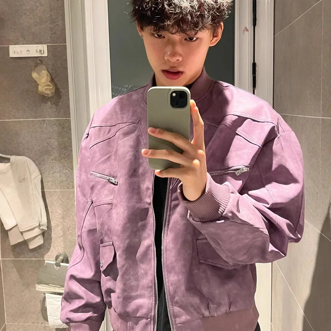 Casual streetwear purple jacket mens retro American style hip-hop PU leather jacket comfortable regular length 250417