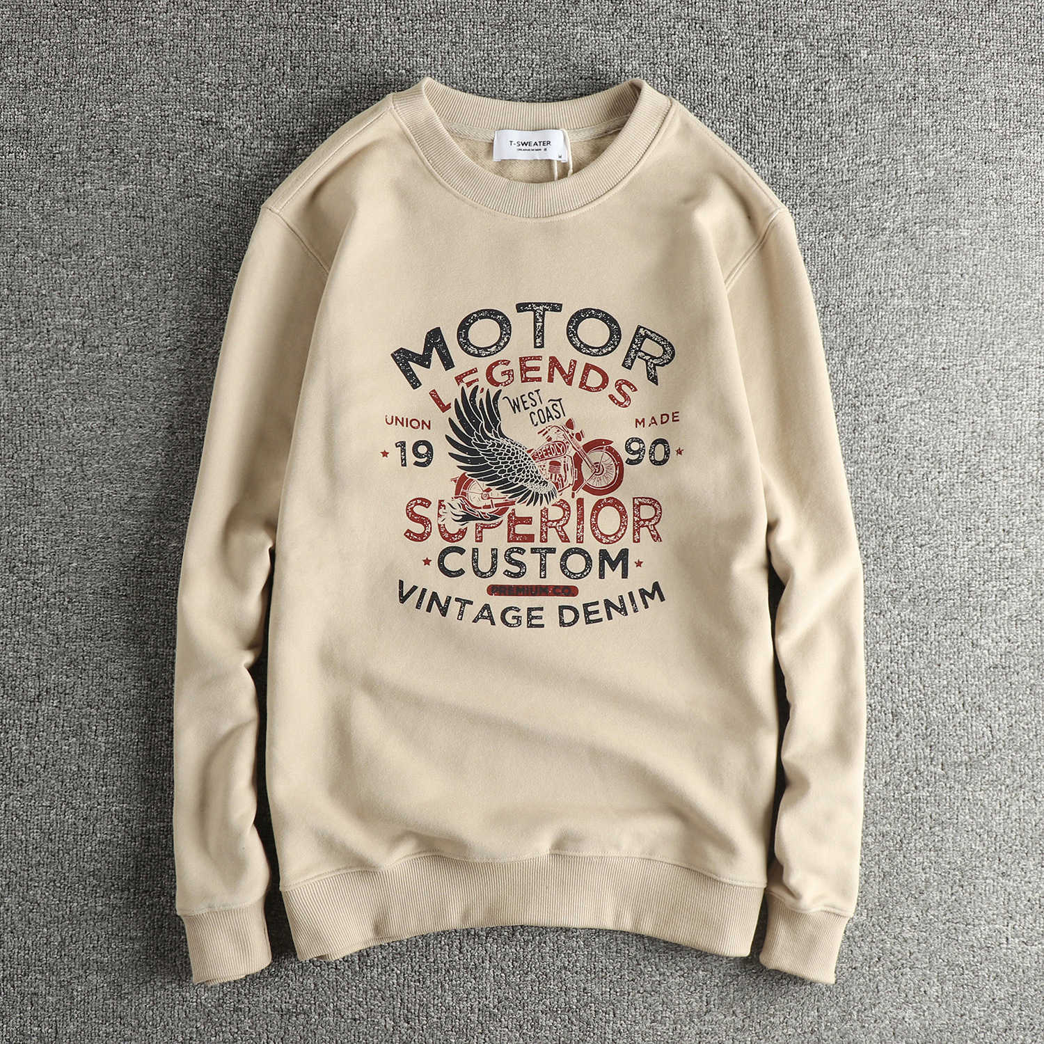 Wing Motorcycle with Ancient Elements Round-neck Sweater for Men, Autumn/Winter Thick and Warm, American Style Trendy, Loose Long-Sleeved Z251117
