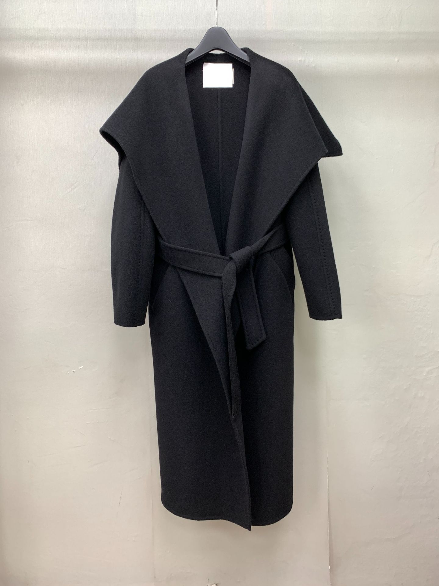 Long camel colored ma - large lapel tie with bead edge autumn and winter long style temperament style women's double-sided woolen coat