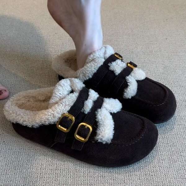 Free shipping Warm Winter Style ~ Lazy Furry Slippers for Women, Outdoor Wear, Belt Free shipping Buckle, Casual Versatile Flat Sheep Wool Cotton Sh