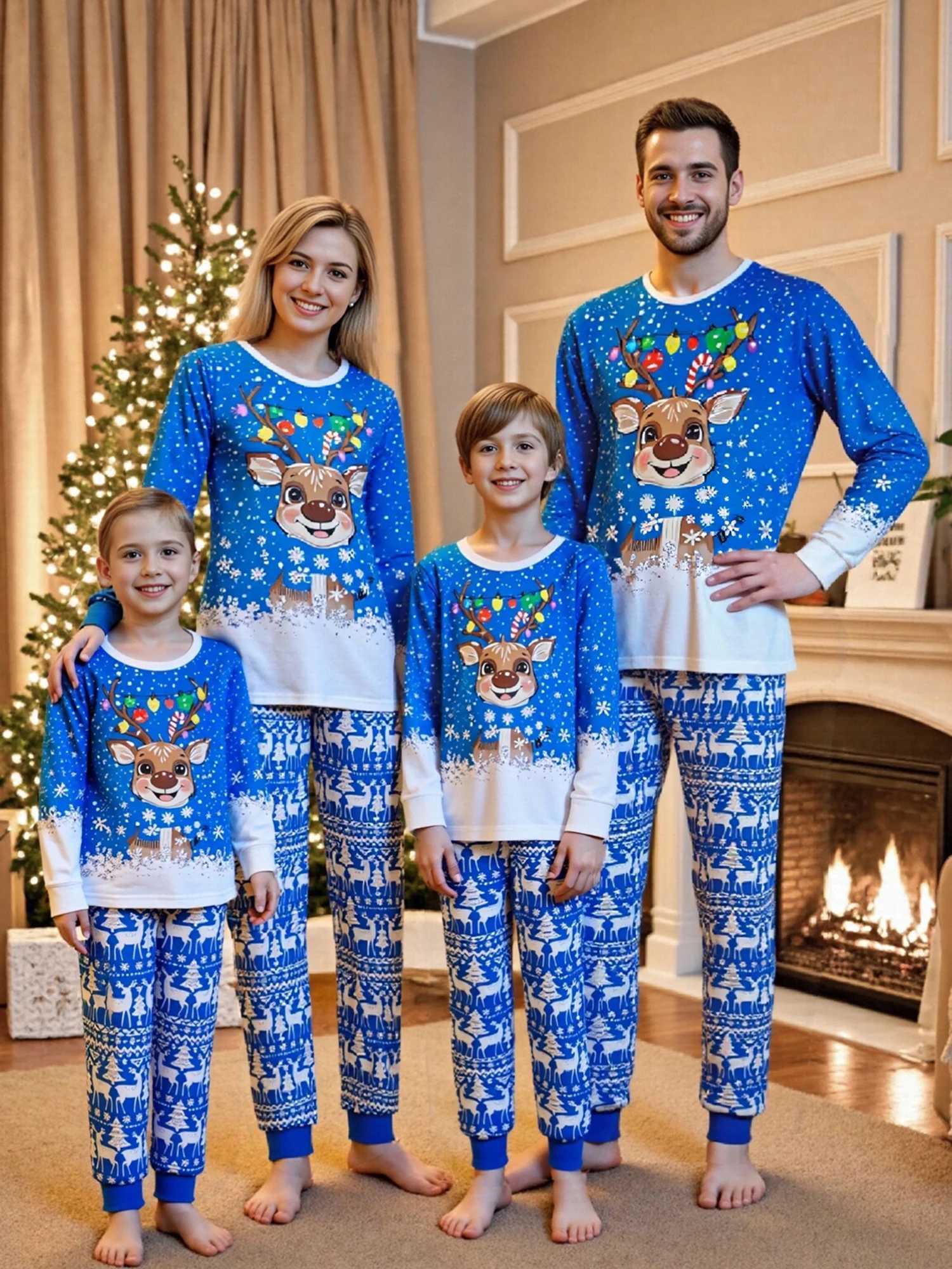 Christmas Family Pajamas Matching Set Long Sleeve Snowflake Print Top with Reindeer Print Bottoms Sleepwear Loungewear C251118-image-1085087700