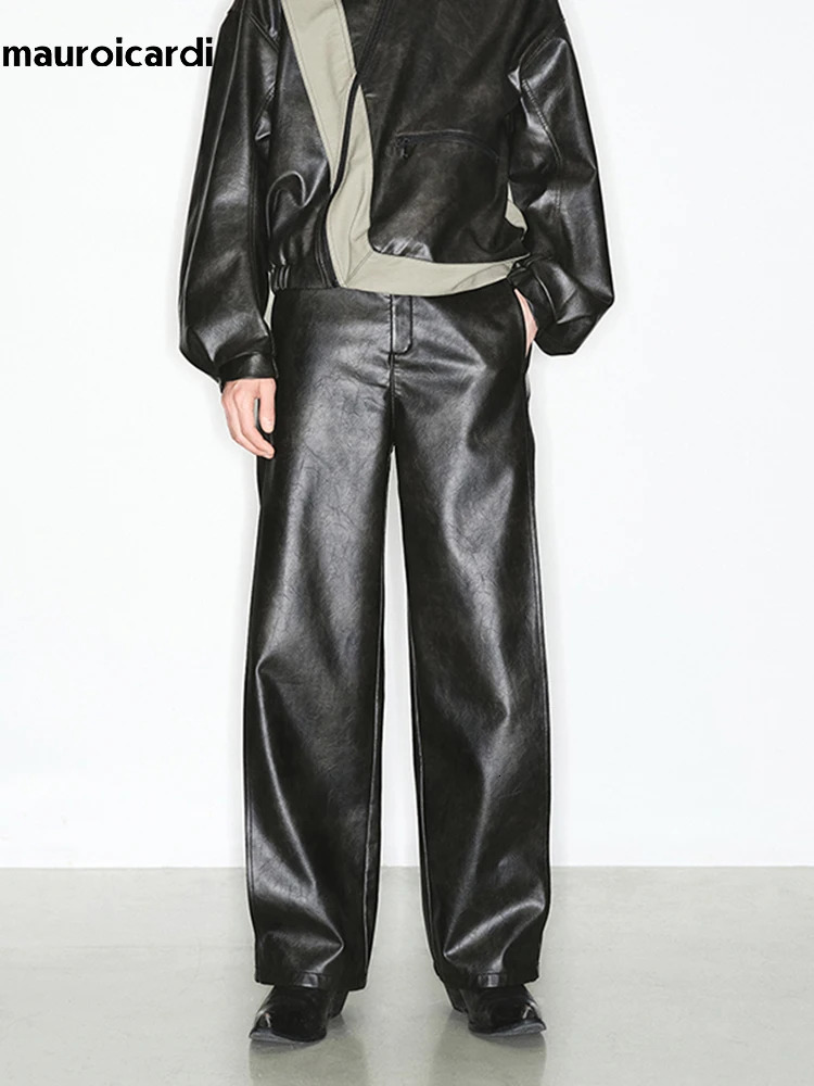 Mauroicardi Spring Autumn Long Loose Casual Cool Black Pu Leather Straight Pants Mens Clothing Trouser 2023 250409Z