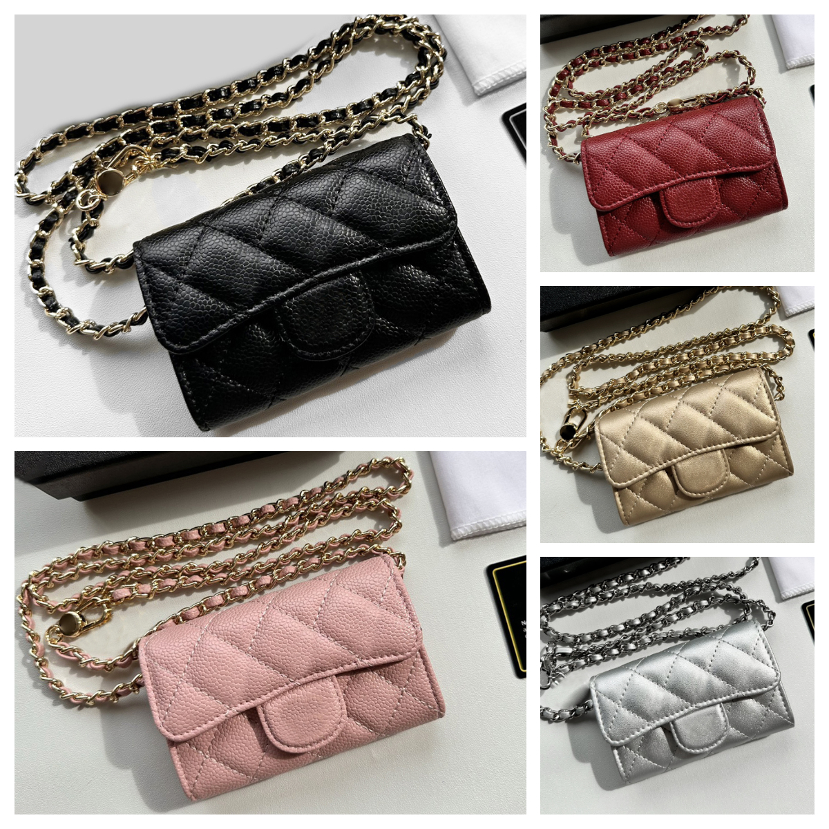 Top quality Designer Caviar Coin Purse Cards Holder Mini Chain Cross Body Small Wallet Compact chain Coin Purse shoulder bag young girl chain wallet
