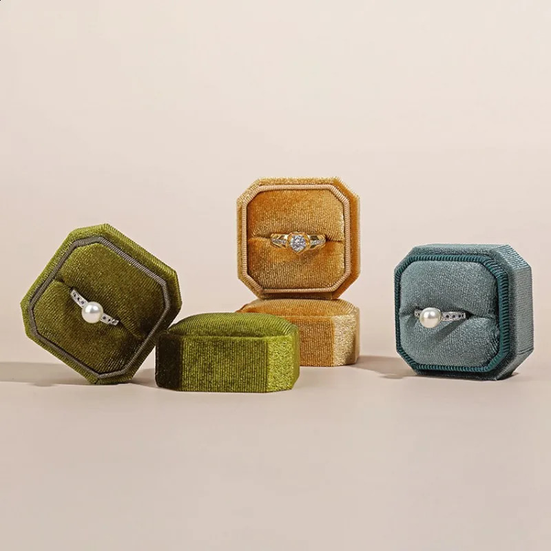 Vintage Octagon Square Velvet Single Double Ring Box With Detachable Lid Earrings Proposal Wedding Ring Pendant Storage Box 250417