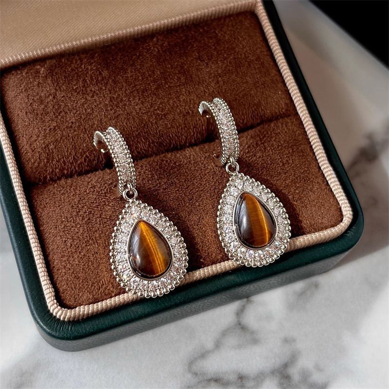 Natural Tiger Eye Stone Water Drop Zircon Earrings for Women Vintage Warm Style Fashion Exquisite Elegant All-match Jewelry Gift-image-1085034898