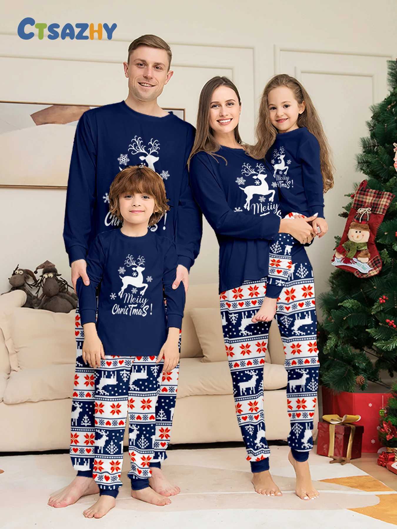 Parent - Child Christmas Pajamas Set - Navy Reindeer Merry Christmas Prints C251118-image-1085086695