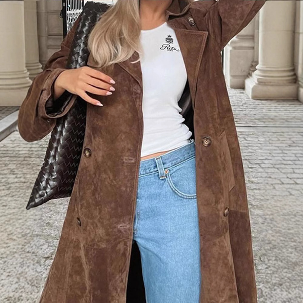 Brown Suede Leather Women Winter Coats With Belt Vintage Lapel Double Breasted Coat Ladies High Street Trench Outerwear 241029 bf
