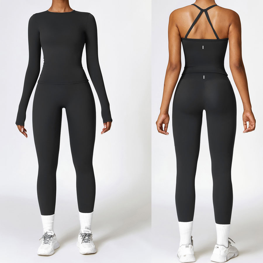 Women Yoga Tight fitting sandblasting Two-piece Set Short Running Tank Top+ Long Pant quick drying fitness suit Solid Color Sports Bra With Fitness