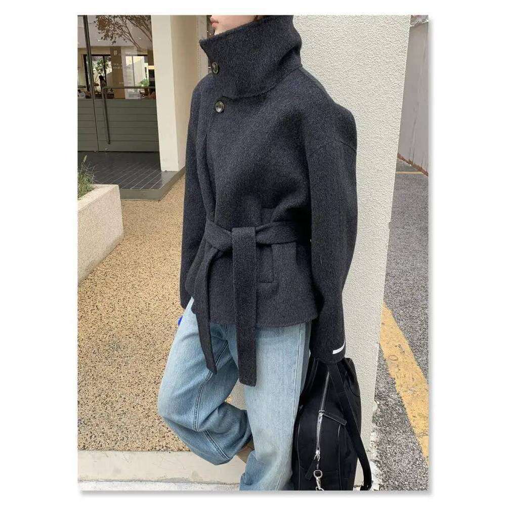 S Short Woolen Jackets Lady Autumn And Winter Stand Collar Single Breasted Loose Lace Up Tie Women S Wool Coats N260805