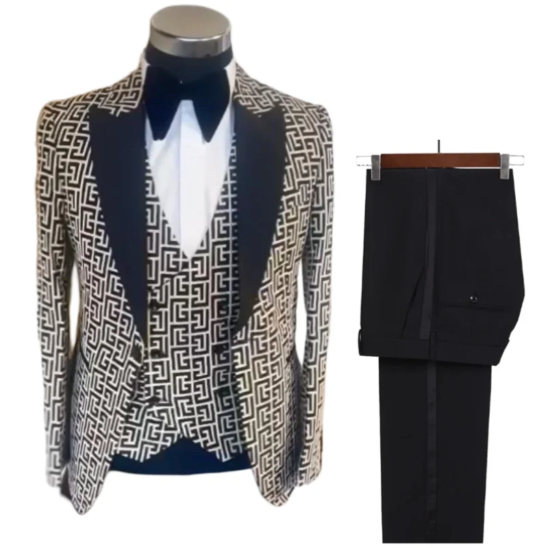 Plaid Men Suits for Gentleman Fashion Party 3 Pcs Groom Tuxedo Peak Lapel Wedding Suit Jacket with Double Breasted Vest Pants