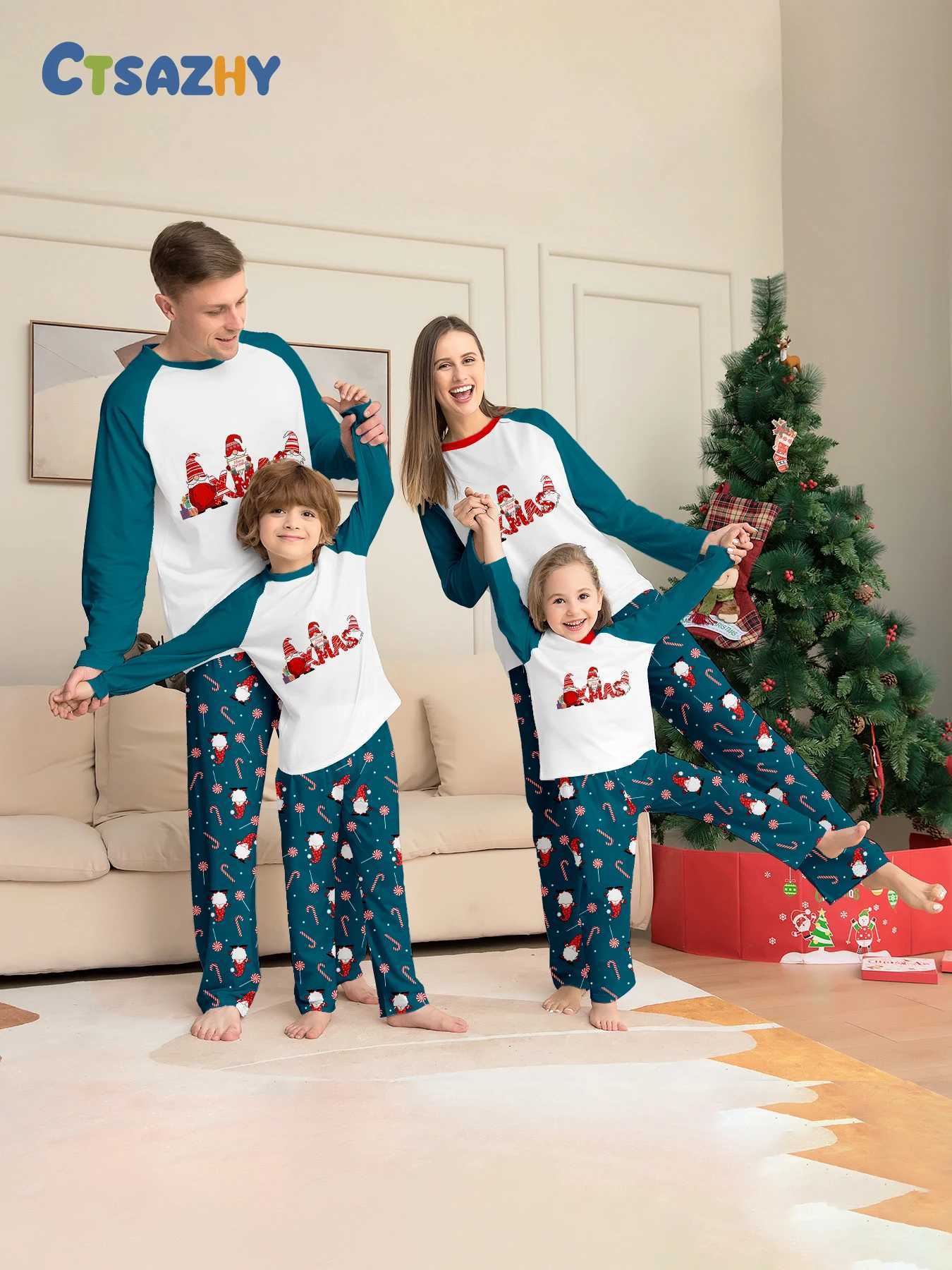 Christmas Family Sleepwear Set Gnome Print Raglan Sleeve Teal White Matching Pajamas C251118-image-1085087242