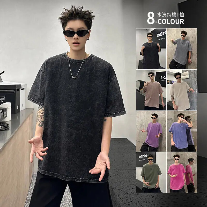 Retro washed mens Tshirt loose 100% pure cotton Y2k clothing casual short sleeved crew collar top summer Harajuku 250418