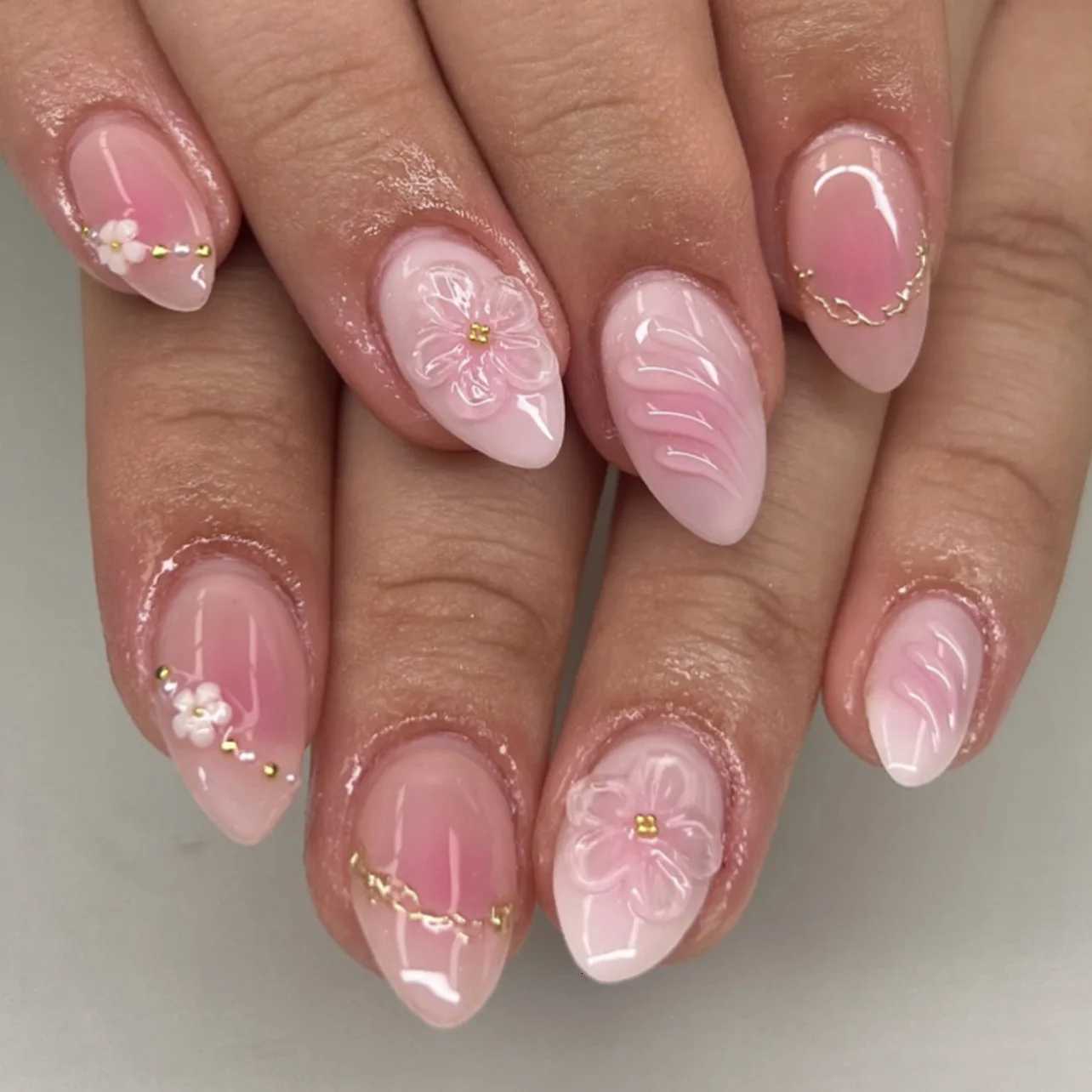 24Pcs Short Almond Full Cover False Nails Tips with Pink Smudge 3D Flower Design Press on Nails Pearl Detachable Fake Nails ArtT251118T251119-image-1085222387