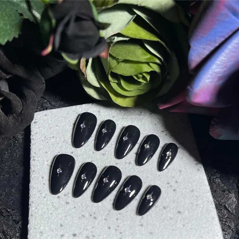10pcs Black Almond Press on Nails Handmade Acrylic Fake Nails Milky Way Stars Short Wearable False Nails Decoration Finger TipsT251118T251119-image-1085220408