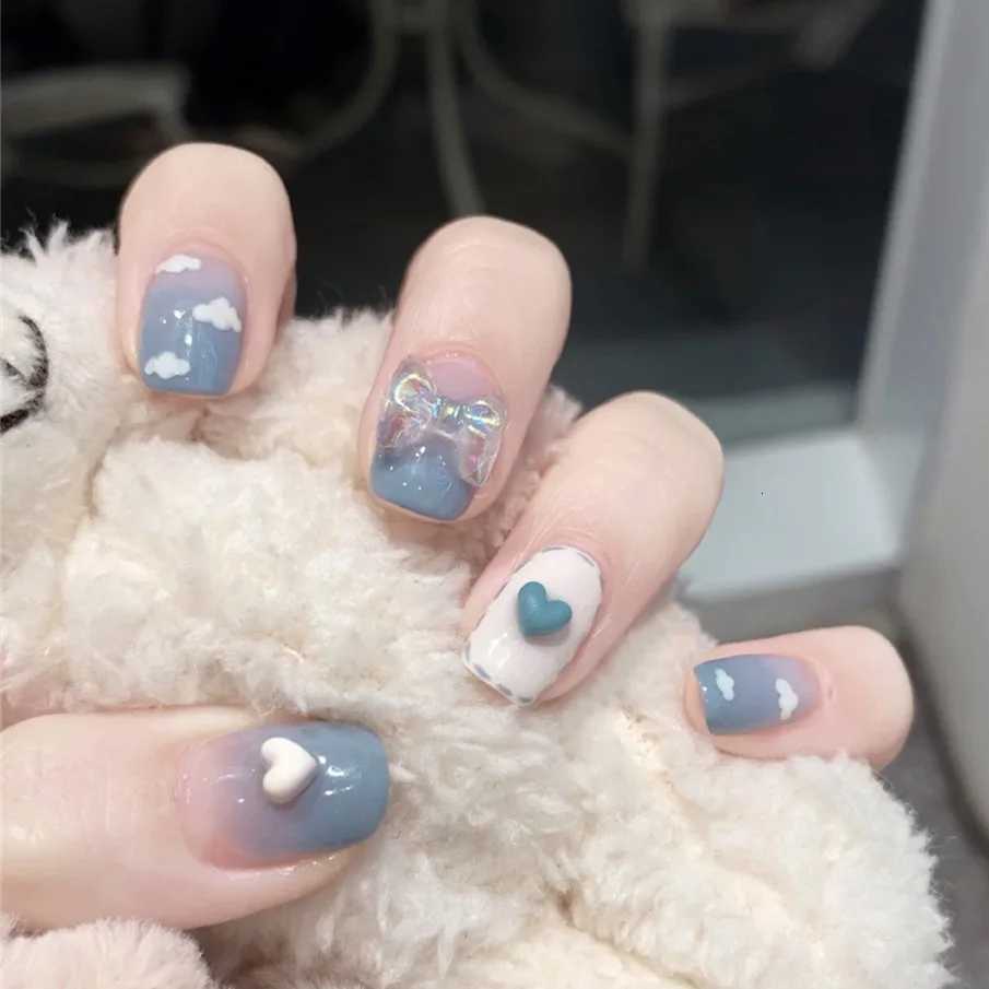 24pcs Short Square Round Fake Nails Blue Sequin Design Press on Nails Full Cover Artificial False Nail Art Accessories ToolsT251118T251119-image-1085221501