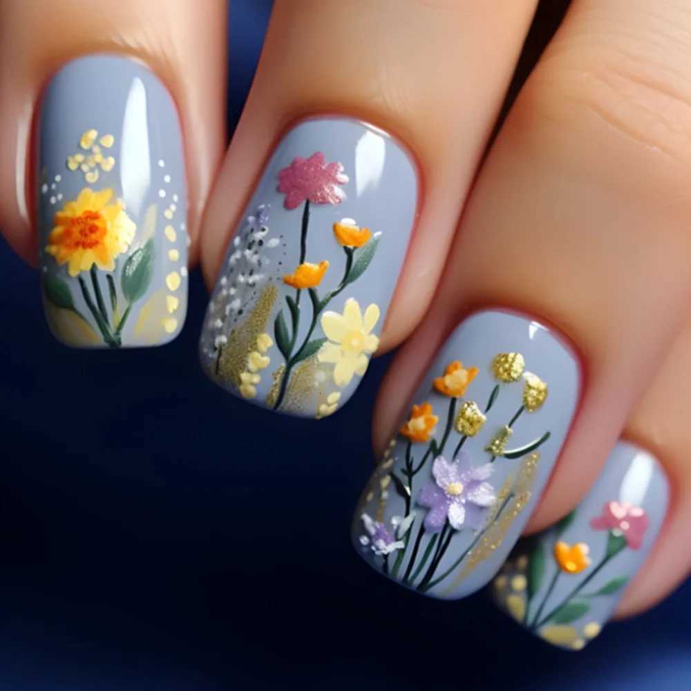 24pcs/set Floral Pattern Press-On Nail Set Mixed Color Ballet Shape Medium Length Simple Sweet Elegant Luxury Style Fake NailsT251118T251119-image-1085218806