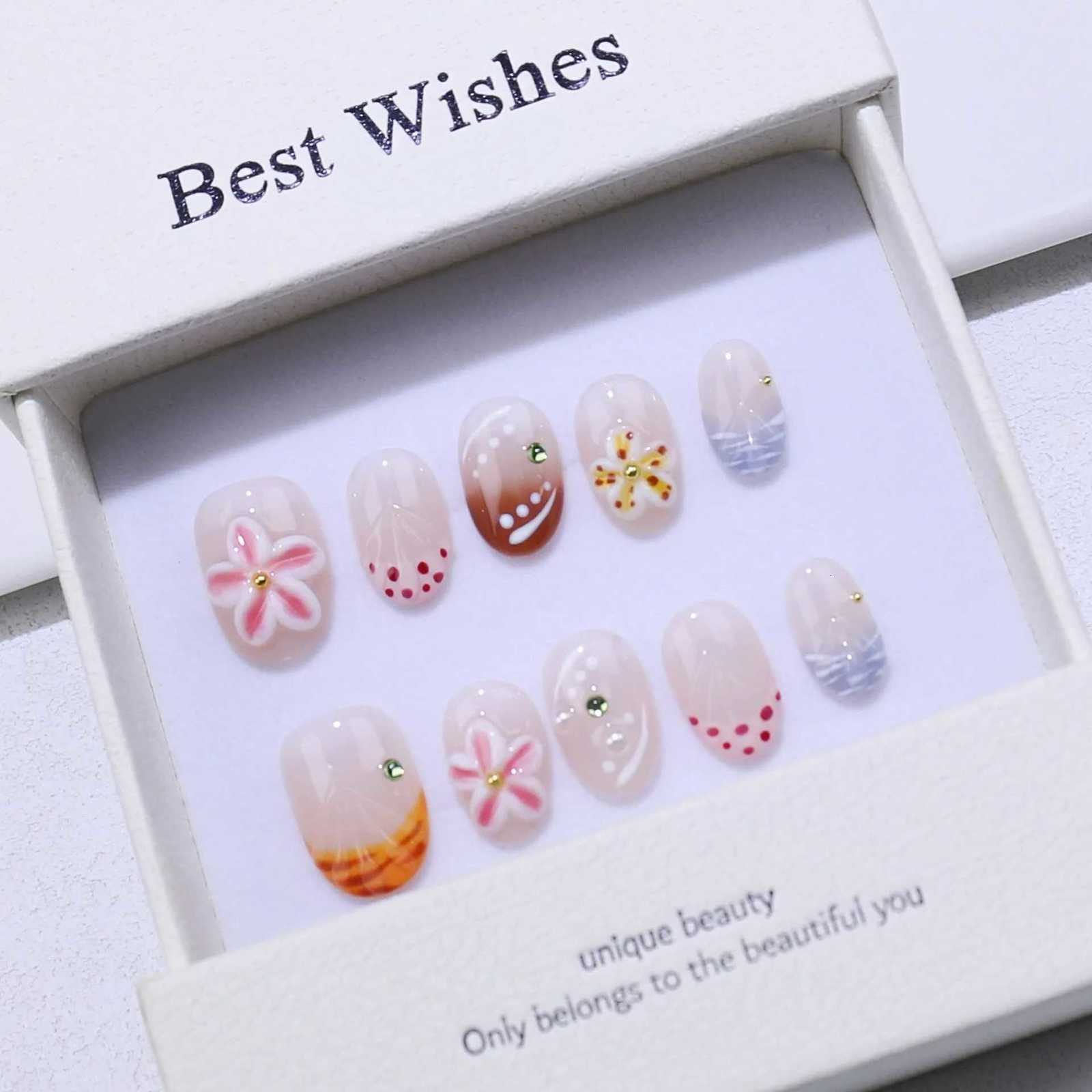10pcs Handcrafted Almond-Shaped White French Press-On Nails with 3D Floral Design - Glossy Finish Short Length for Women/GirlsT251118T251119-image-1085220825