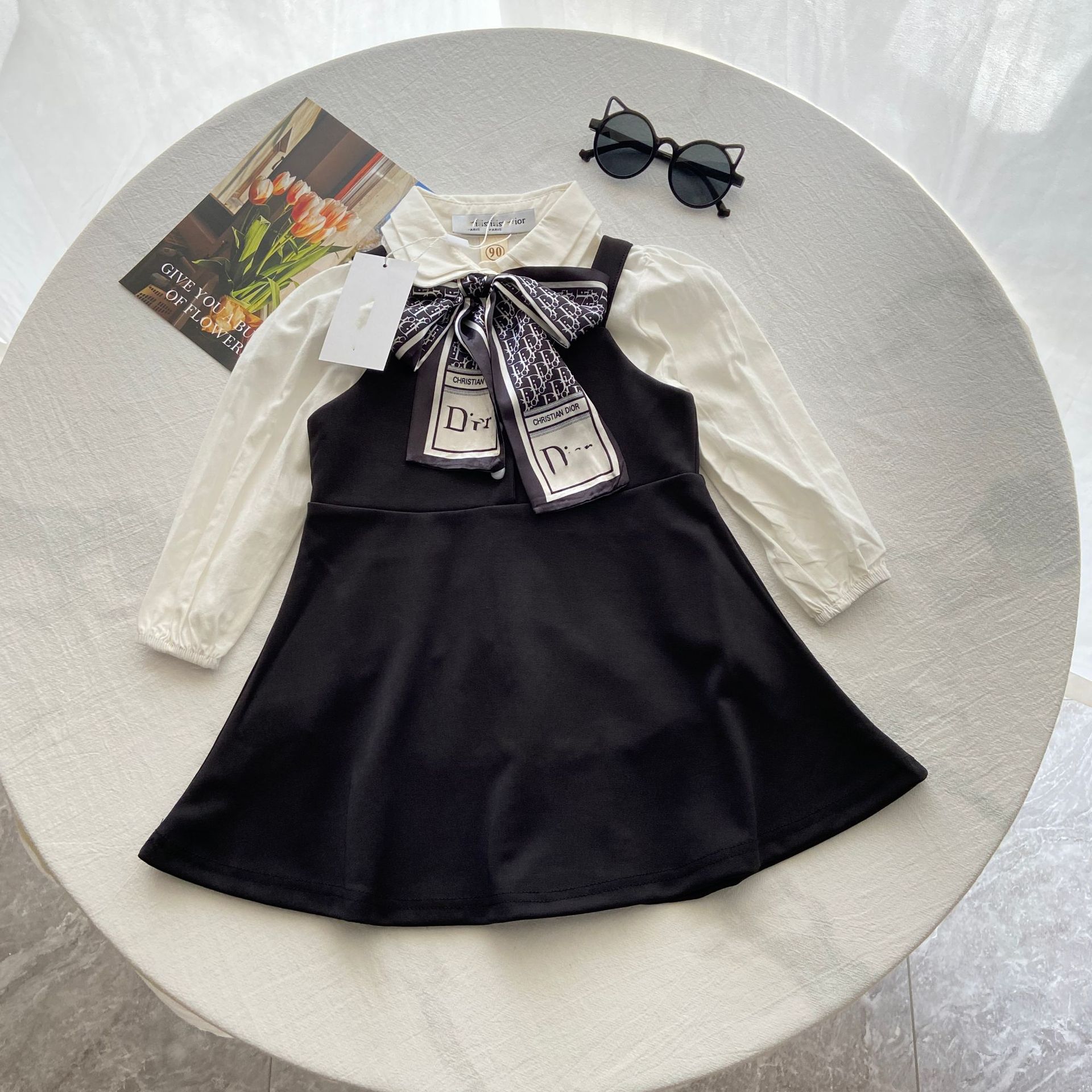 Costume de styliste pour filles, chemise à nœud, jupe à bretelles, jupe à bretelles + chemise élégante française, taille 90 à 140, nouvelle colle