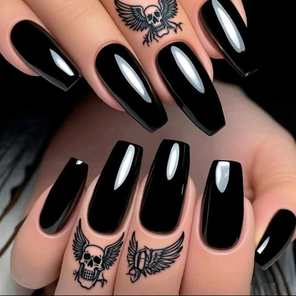 48Pcs Shiny Black Press On Fake Nails With Jelly Glue Short Ballerina Coffin False Nails Artificial Finger Manicure ToolT251118T251119-image-1085215007