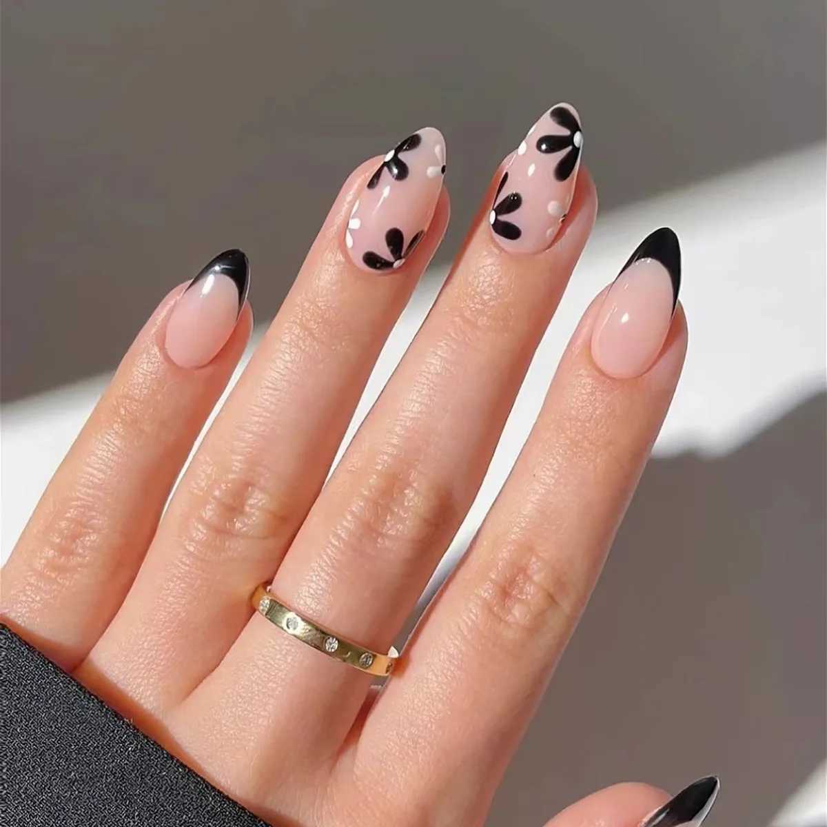 24 Long Almond Black French Petal Pattern ABS Full Gloss Fake Nails Suitable for Daily Wear at Parties and Dances press on nailsT251118T251119-image-1085215942
