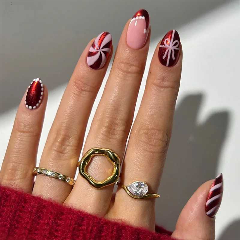 24PCS Christmas False Nails Red Stripes Bow Gift Glossy Almond Press on Nails Snowman Santa Wearable Fake Nails for Women PatchT251118T251119-image-1085214580