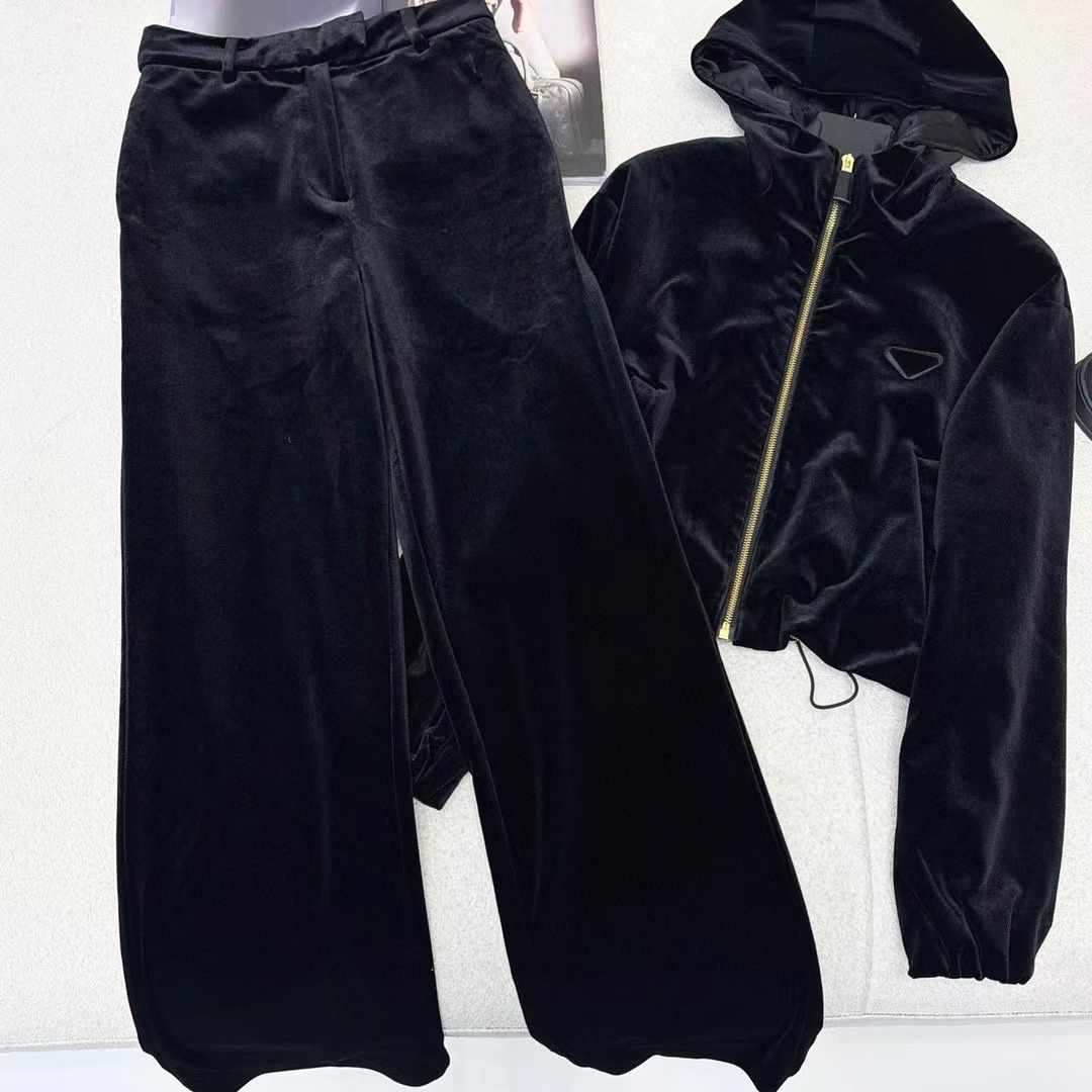 Costume en velours de styliste pour femmes, haut de gamme, veste à capuche décontractée avec fermeture éclair, ensemble deux pièces