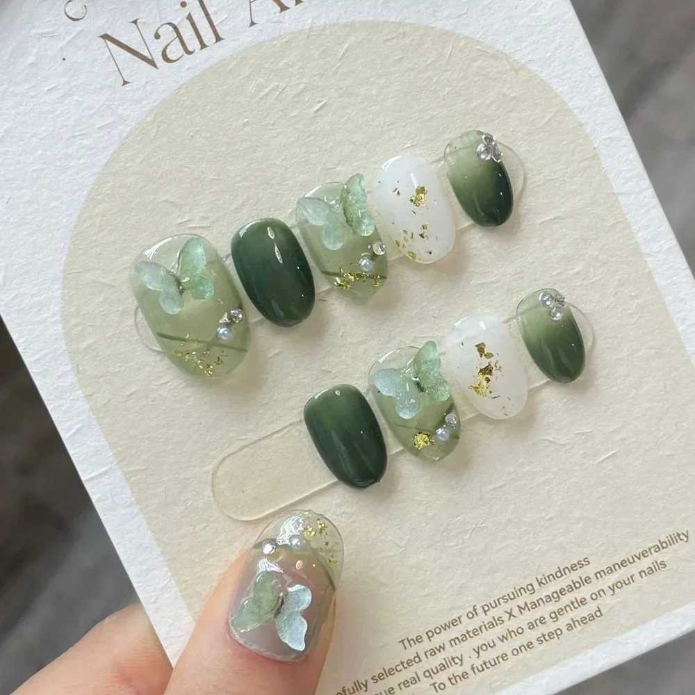 Handmade 3D Green Fairy Almond Press on Nails with Glue Fake Nail Gradient Butterfly Reusable Artifical Full Cover Nail Tips ArtT251118T251119-image-1085213921