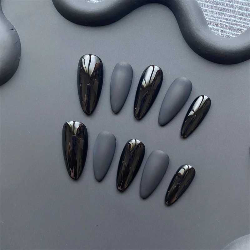 Handmade Almond Black Press on Nails Full Cover Acrylic Fake Nails Medium Matte Dark Manicure Nail Tips Wearable Reusable WomanT251118T251119-image-1085219578