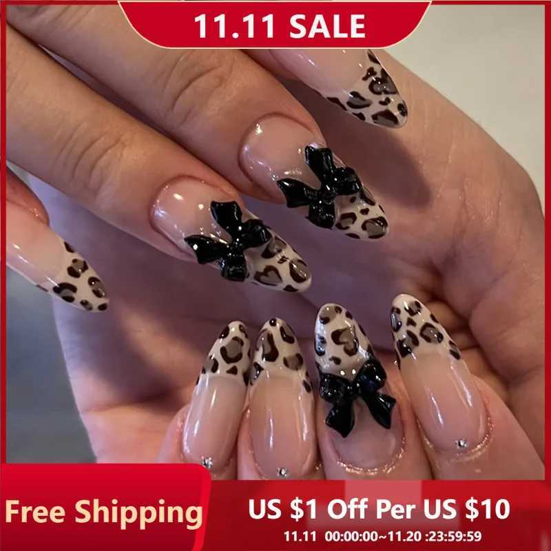 24pcs Almond-Shaped Nails Leopard Print Featuring a French Tip Design And 3D Bow Decor Glossy Full Coverage Press-On Fake NailsT251118T251119-image-1085219318