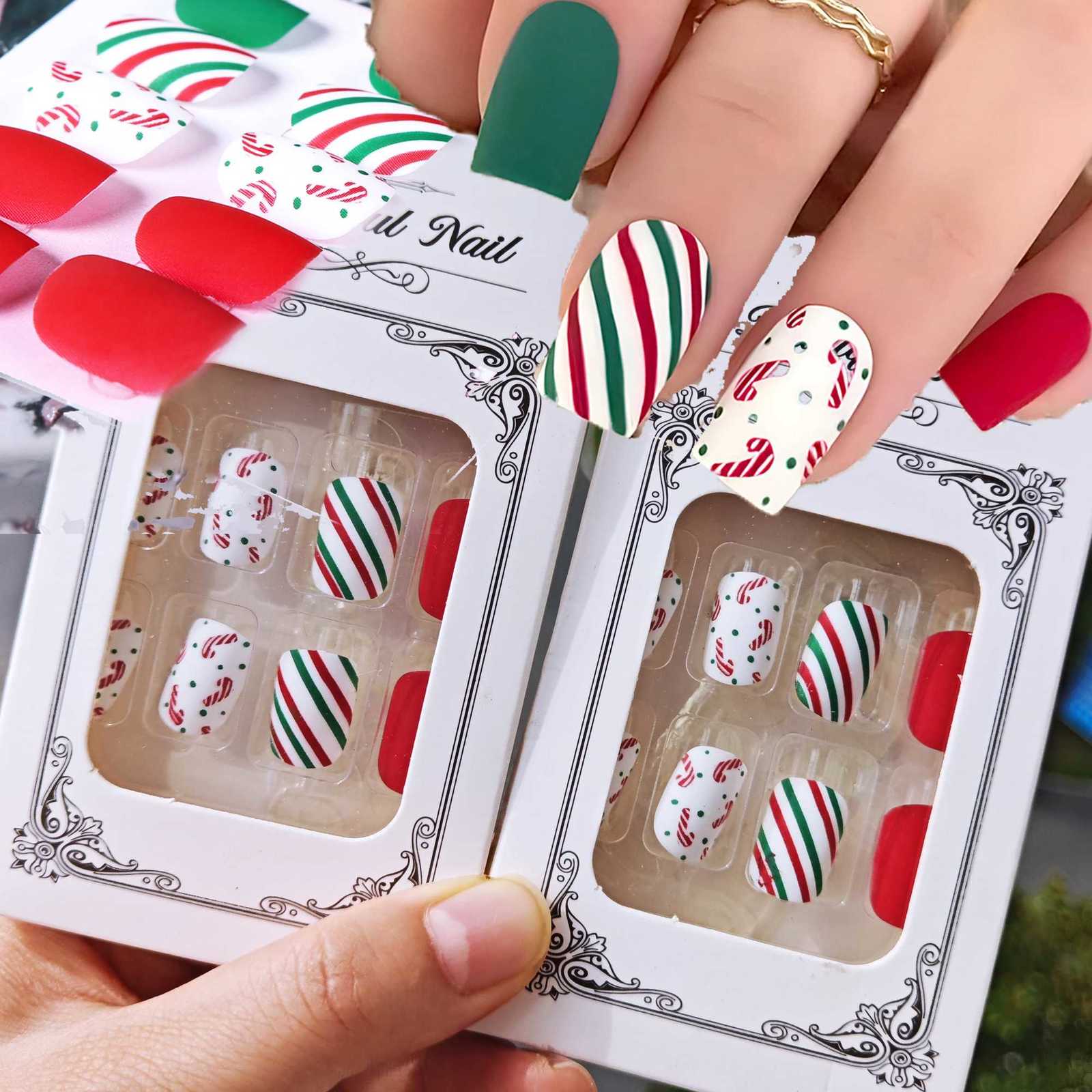 24Pcs/box Christmas Square Round Fake Nails Colorful LineRound Dot Press On Nails Full-Cover Short Square Glossy Xmas Nail TipsT251118T251119-image-1085221362