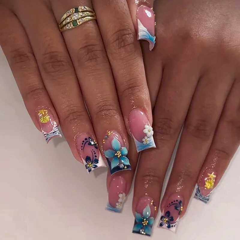 24Pcs Blue Smudge French False Nails Press on 3D Flower Starfish Shell Fake Nails Mid-length Square Wearable Full Cover Nail TipT251118T251119-image-1085222416