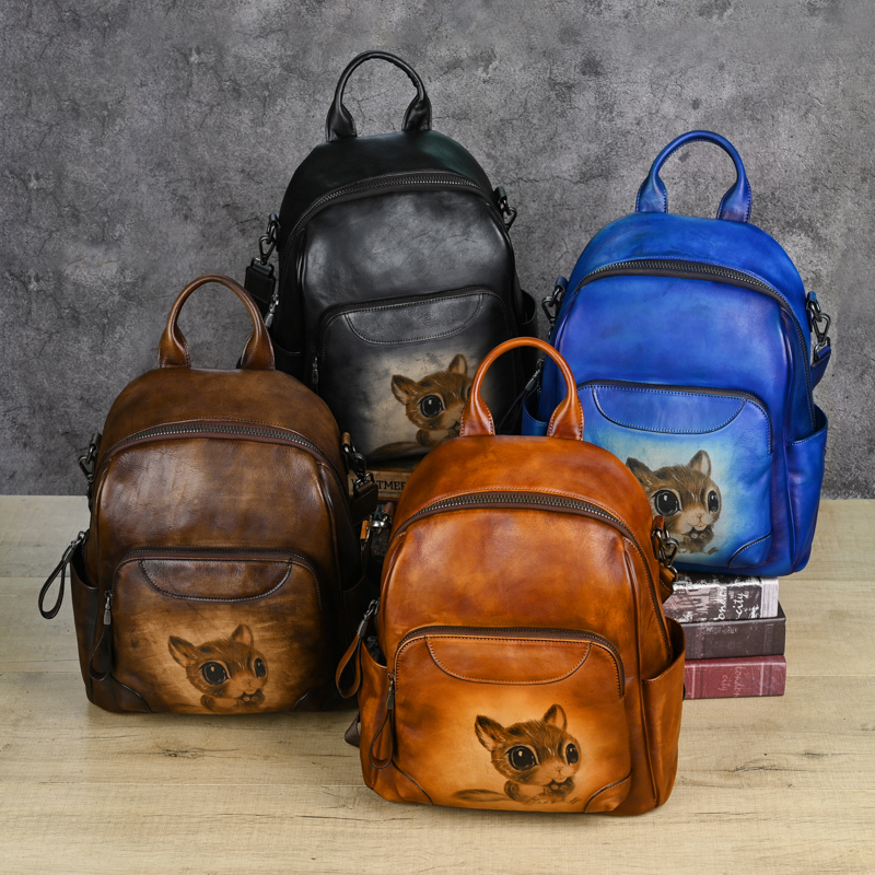 Sac à dos en cuir vintage fait à la main – Motif écureuil artistique peint à la main, sac à bandoulière rétro décontracté pour femme, sac à dos u
