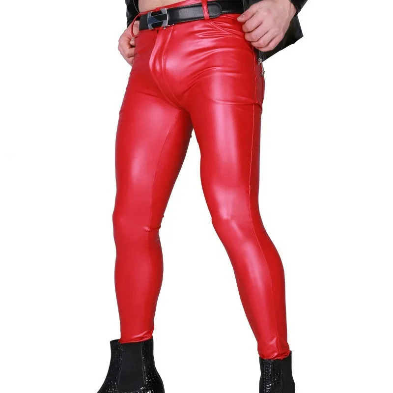 Mens leather Trouser high elasticity PU motorcycle sexy stage pencil pants slim fit oil shiny casual fashion 250409Z
