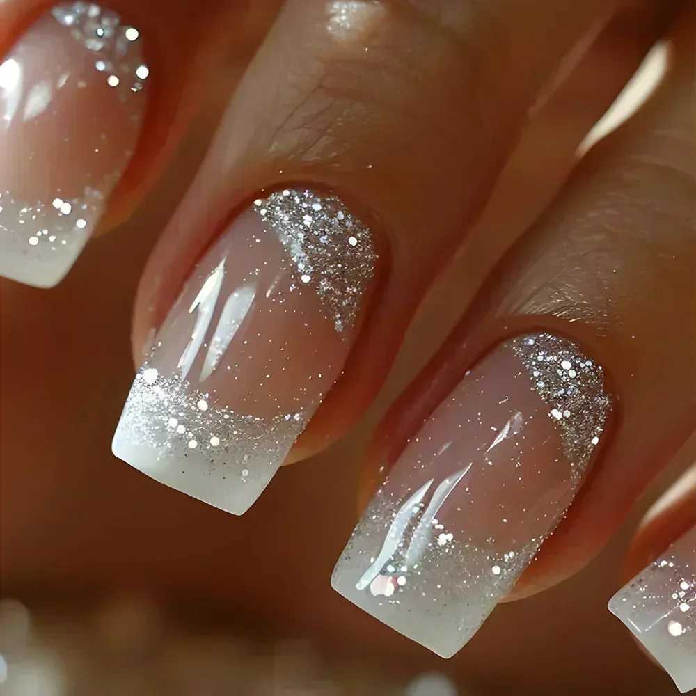 24Pcs Short Square Coffin False Nails Square Fake Nails with Glue French Glitter Wearable Acrylic Nails Set Press on Nail TipsT251118T251119-image-1085221206