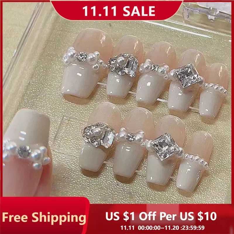 10Pcs Luxury Handmade Press On Nails Nude Fake Nail With Pearl Diamonds Design French Full Cover On Nails For Women And GirlsT251118T251119-image-1085221626