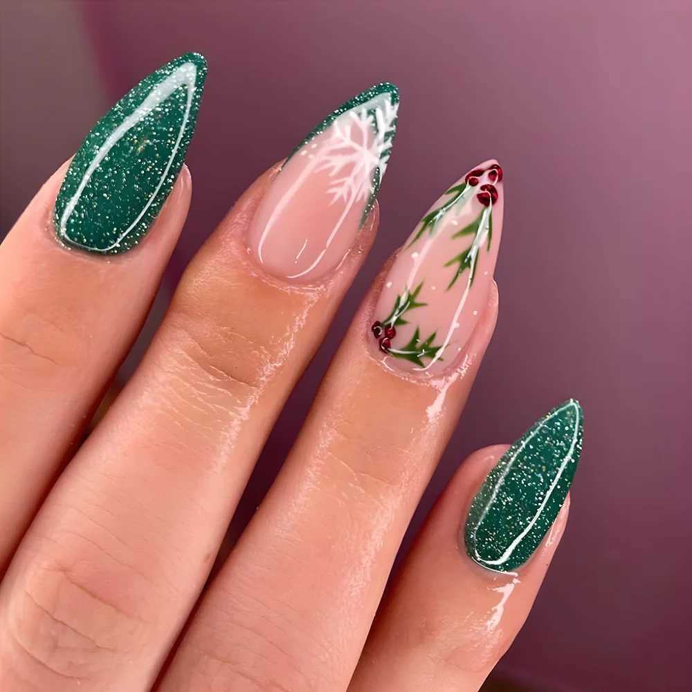 24pcs Christmas Press on Nails Green Tree Christmas False Nails Reusable Acrylic Fake Nails French Almond Nail CharmT251118T251119-image-1085221062