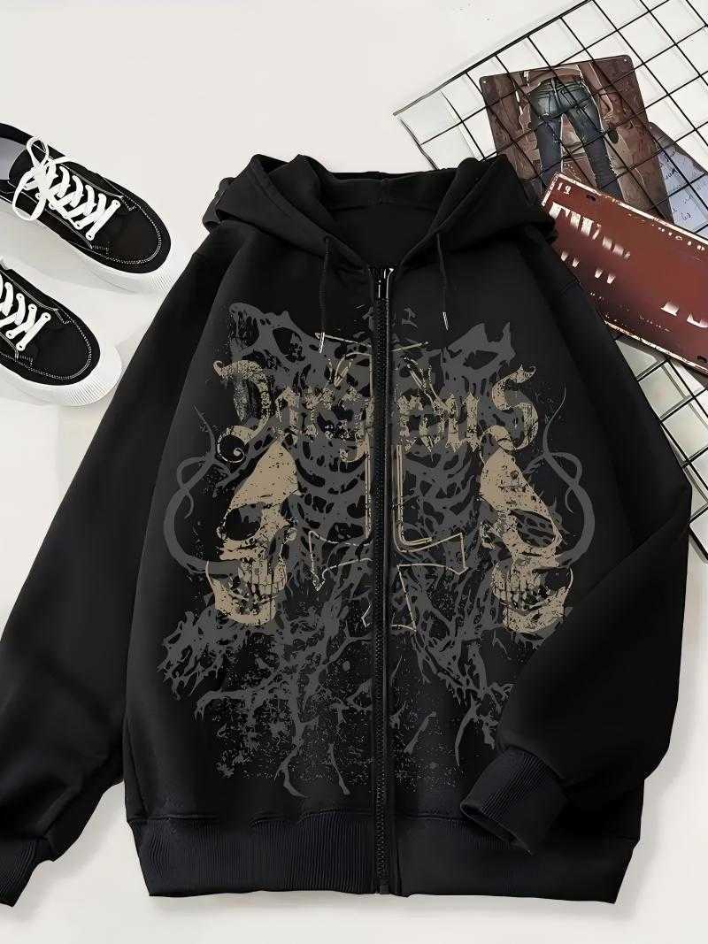 Hip-hop style hoodie with a hood and long sleeves, American-style casual outerwear for the street, black color, autumn women's size, loose fit,