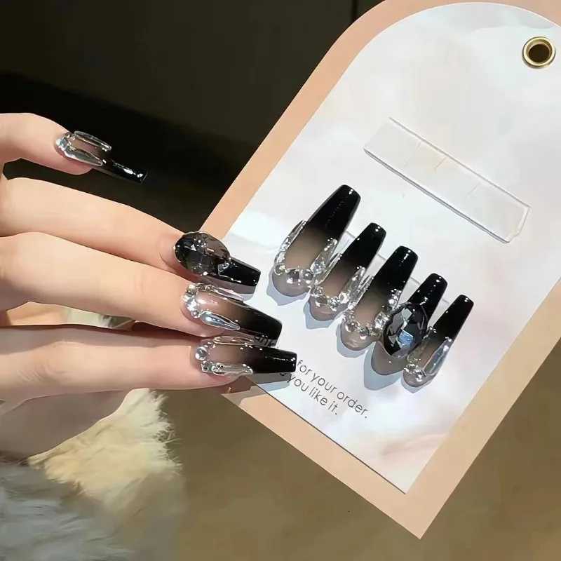 Universally Applicable in All Seasons Handmade Nail Long Black Wearable Fake Nail Fashion Diamond Fake Nail Art Tool for WomenT251118T251119-image-1085215344