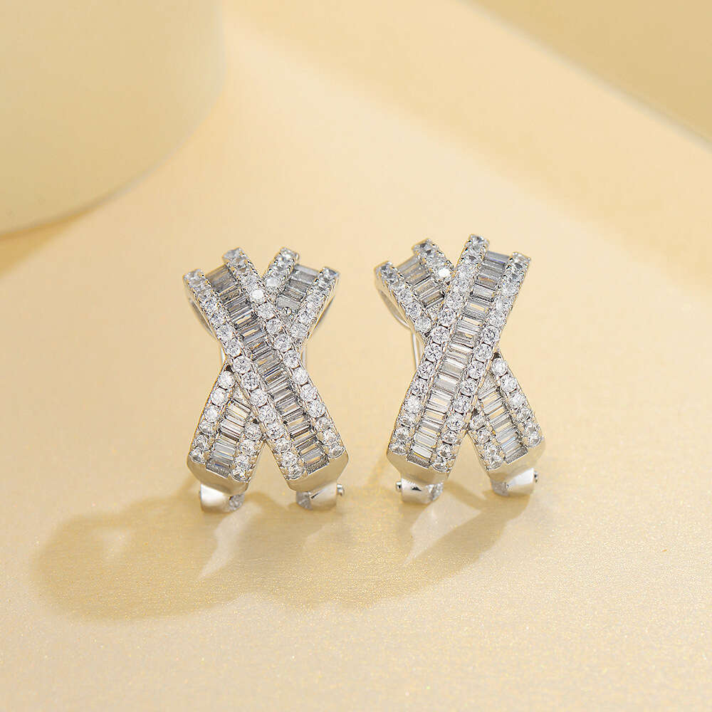 New Style Cross Light Luxury Simple Cubic Zirconia Women's White Gold Earrings