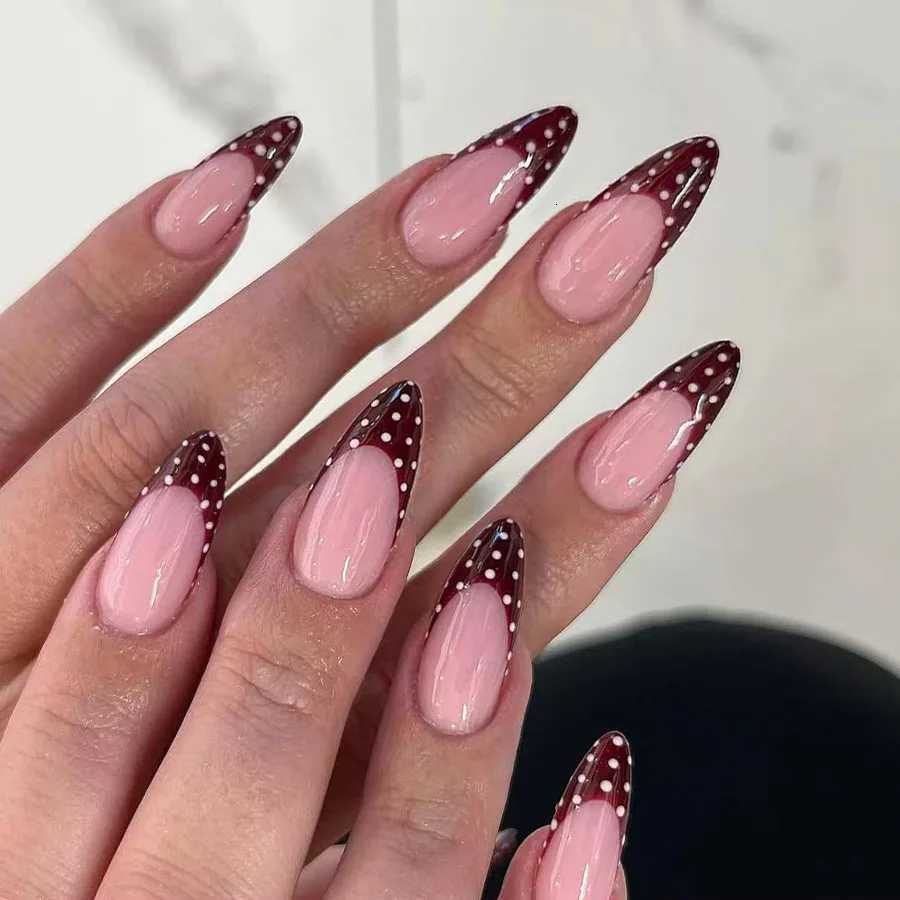 24pcs Blue Press on Nails with Polka Dot Pattern Design Almond Full Cover Nail Tip Flower Rhinestone False Nail French Fake NailT251118T251119-image-1085222513