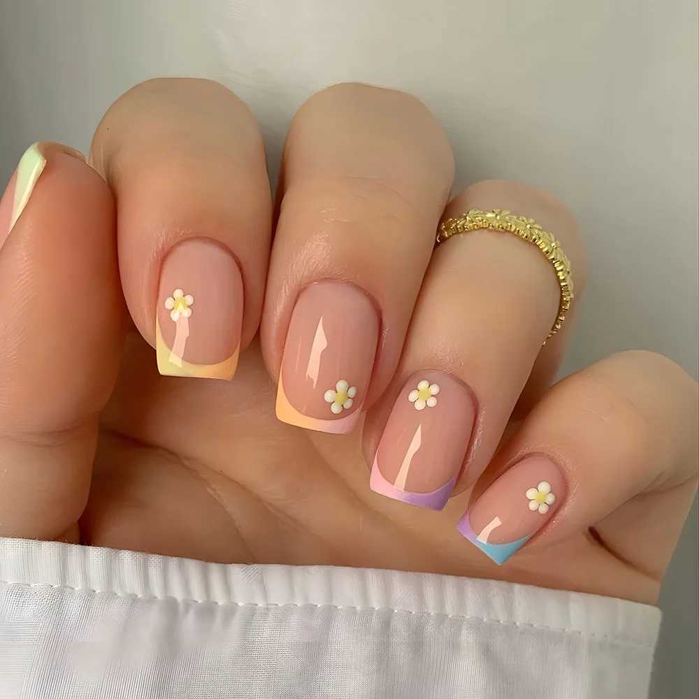 24Pcs Short Nude Square Fake Nail Colorful French Simple Flower Design Press on False Nails Detachable Full Cover Nails Tips ArtT251118T251119-image-1085215684