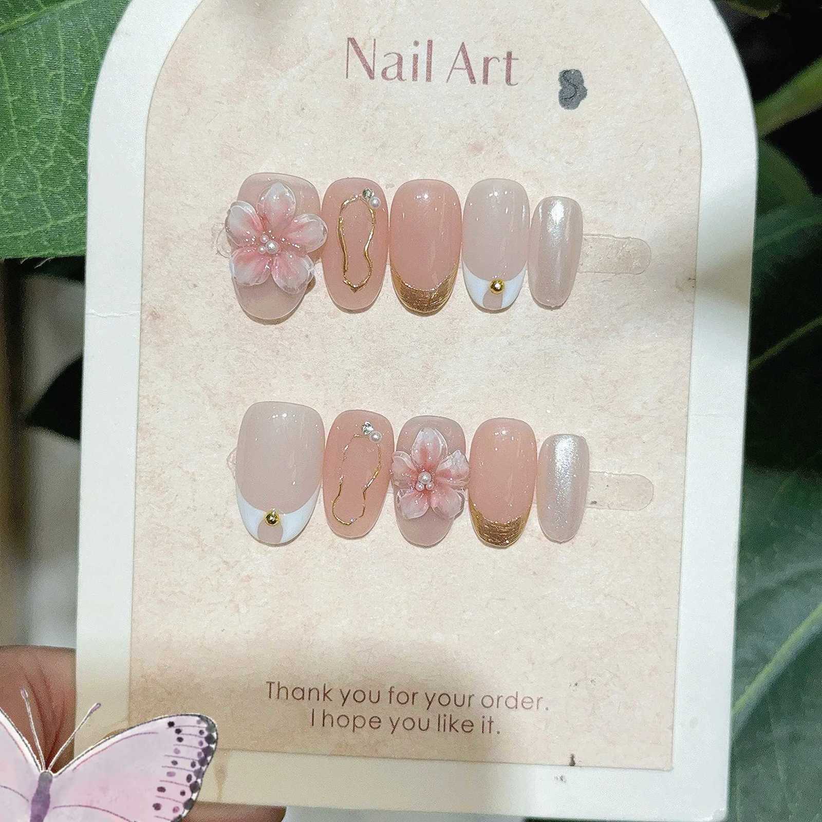 10Pcs French Almond Handmade Press on Nails 3D Flower Fake Nails Wearable Stick-on Nails False Nail Uas T251118T251119-image-1085218430